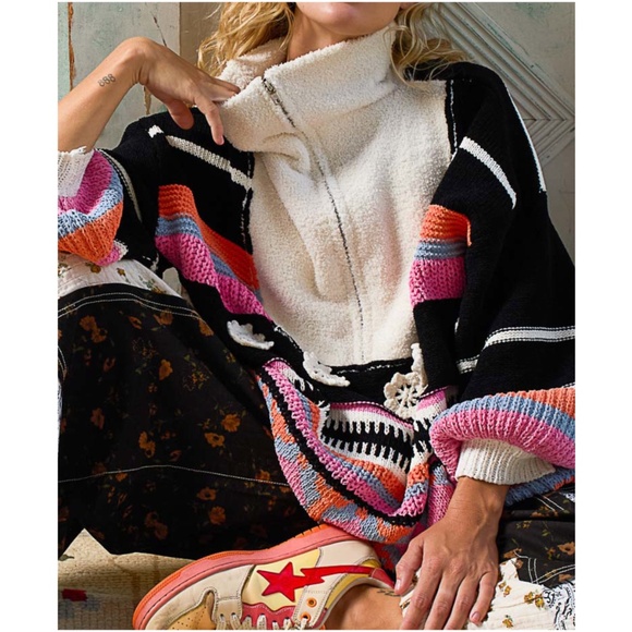 POL Color Block Chenille Half Zip Balloon Sleeve Patch Detail Sweater - Picture 1 of 6